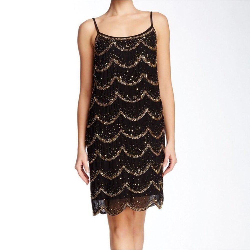 MARINA Black and Gold Scalloped Sequin Dress Size 6